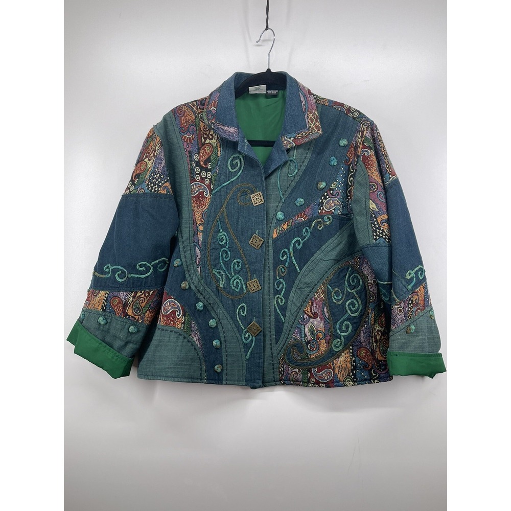 Ann Maurice 90's Boho Green Blue Multi Color Embroidered Square Buttons Jacket